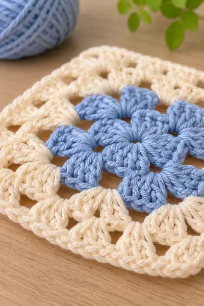 Cozy Blue and Cream Granny Square Pattern step 3 - details and accessories