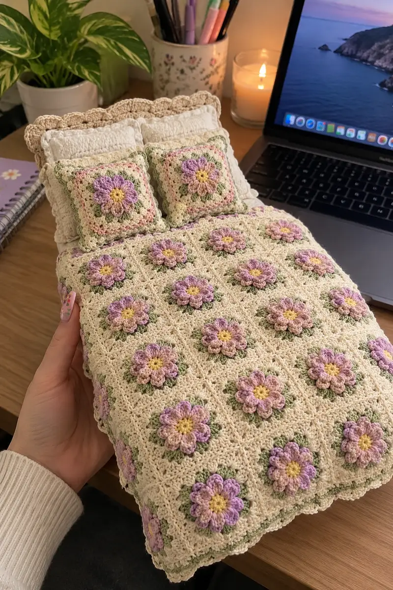 Romantic Floral Bedspread Pattern crochet pattern - detailed view of completed project