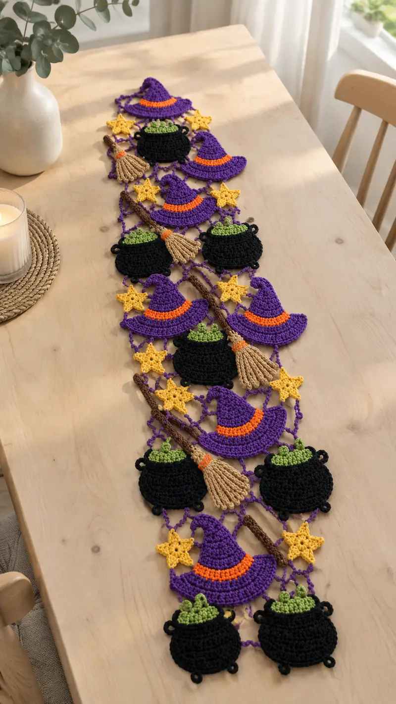 Halloween Motif Table Runner Pattern crochet pattern - detailed view of completed project