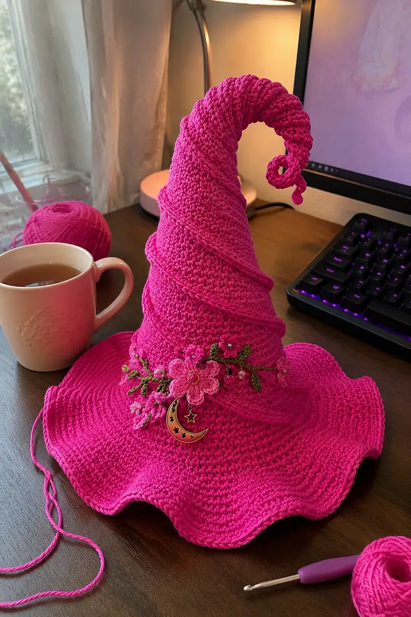 Spiral Halloween Girly Pink Witch Hat Pattern crochet pattern - detailed view of completed project