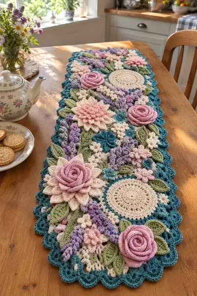 Cottage Rose Crochet Table Runner Pattern step 1 - construction progress