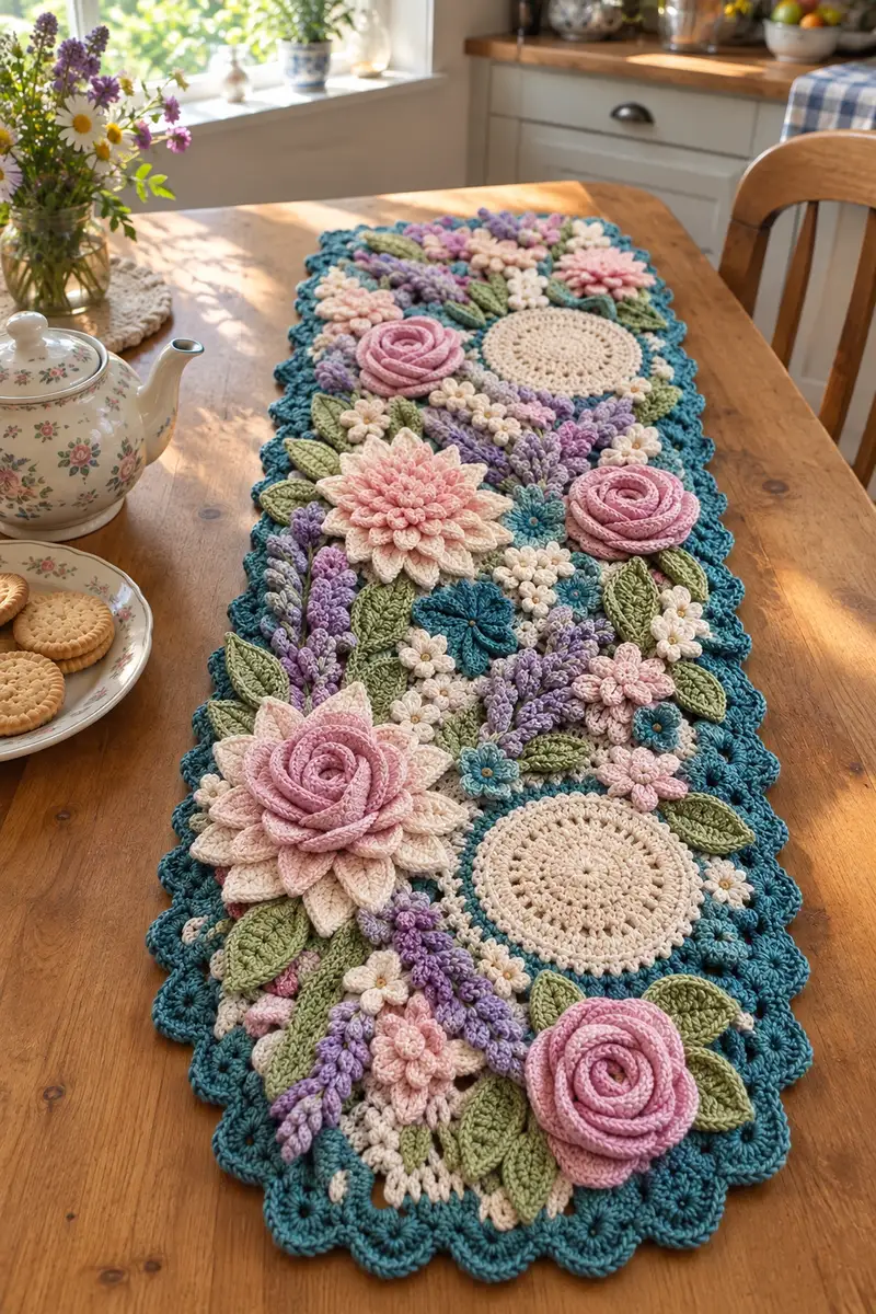 Cottage Rose Crochet Table Runner Pattern crochet pattern - detailed view of completed project