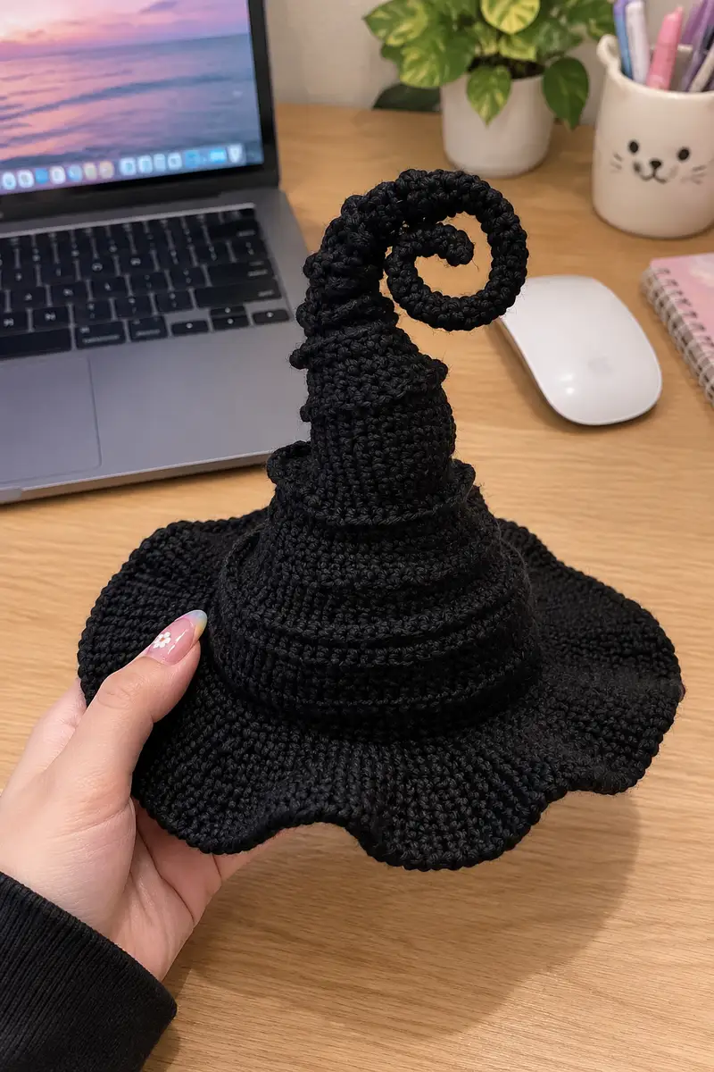 Whimsical Curled Witch Hat Pattern crochet pattern - detailed view of completed project