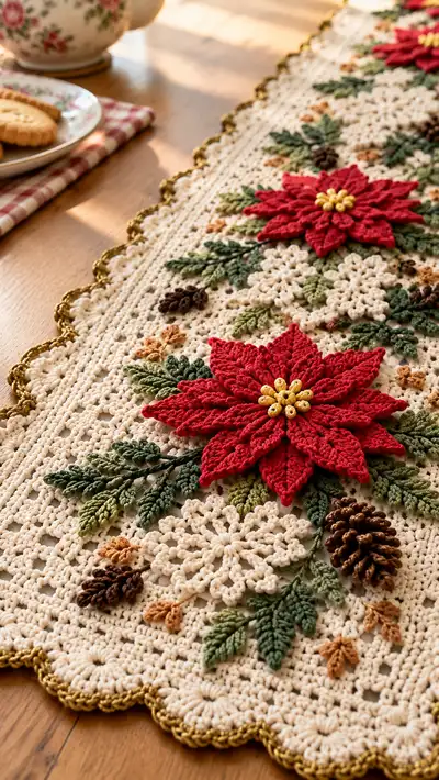 Festive Poinsettia Table Runner Pattern step 2 - assembly progress