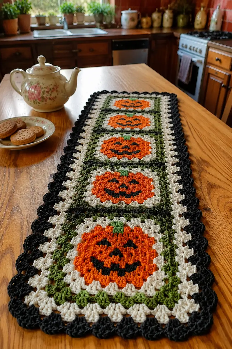 Granny Square Halloween Table Runner Pattern crochet pattern - detailed view of completed project