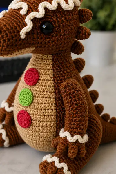 Gingerbread Dragon with Icing Swirls and Candy Buttons Amigurumi Pattern step 2 - assembly progress