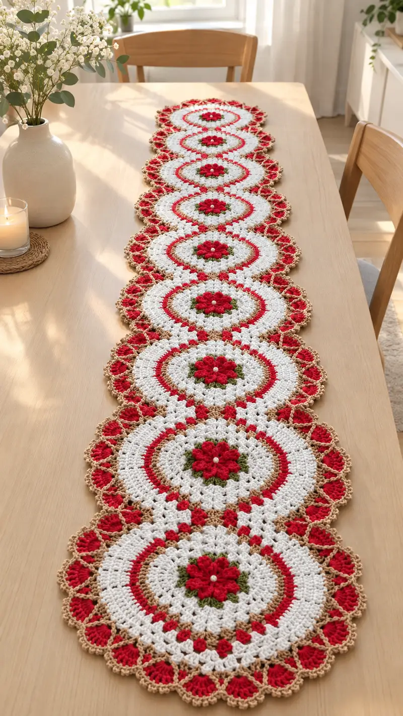 Festive Floral Round Motif Table Runner Pattern crochet pattern - detailed view of completed project