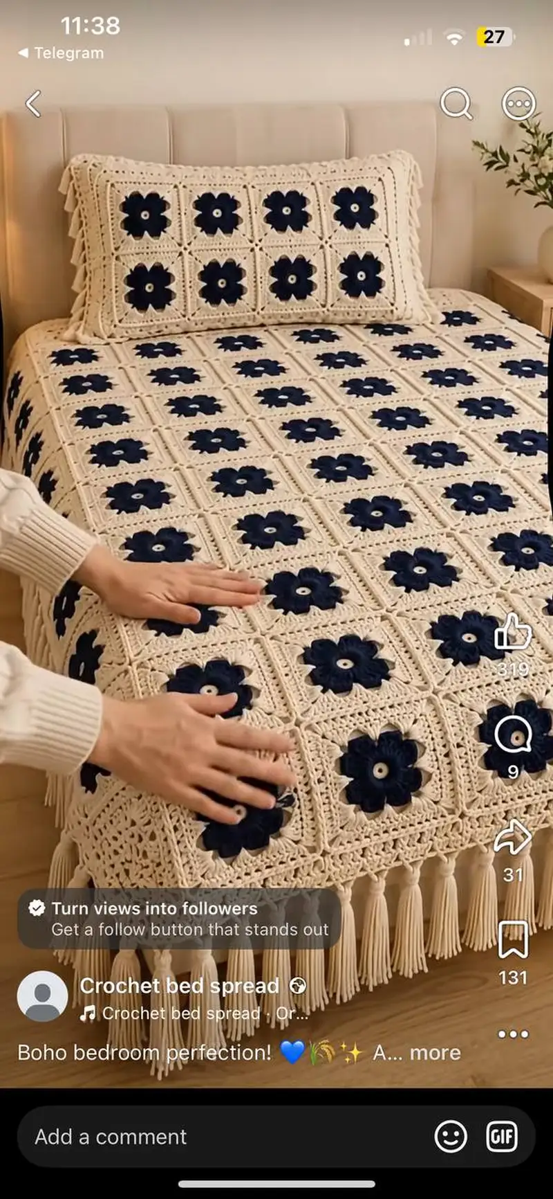 Free crochet pattern: Navy and Cream Floral Bedspread Pattern - Intermediate level tutorial