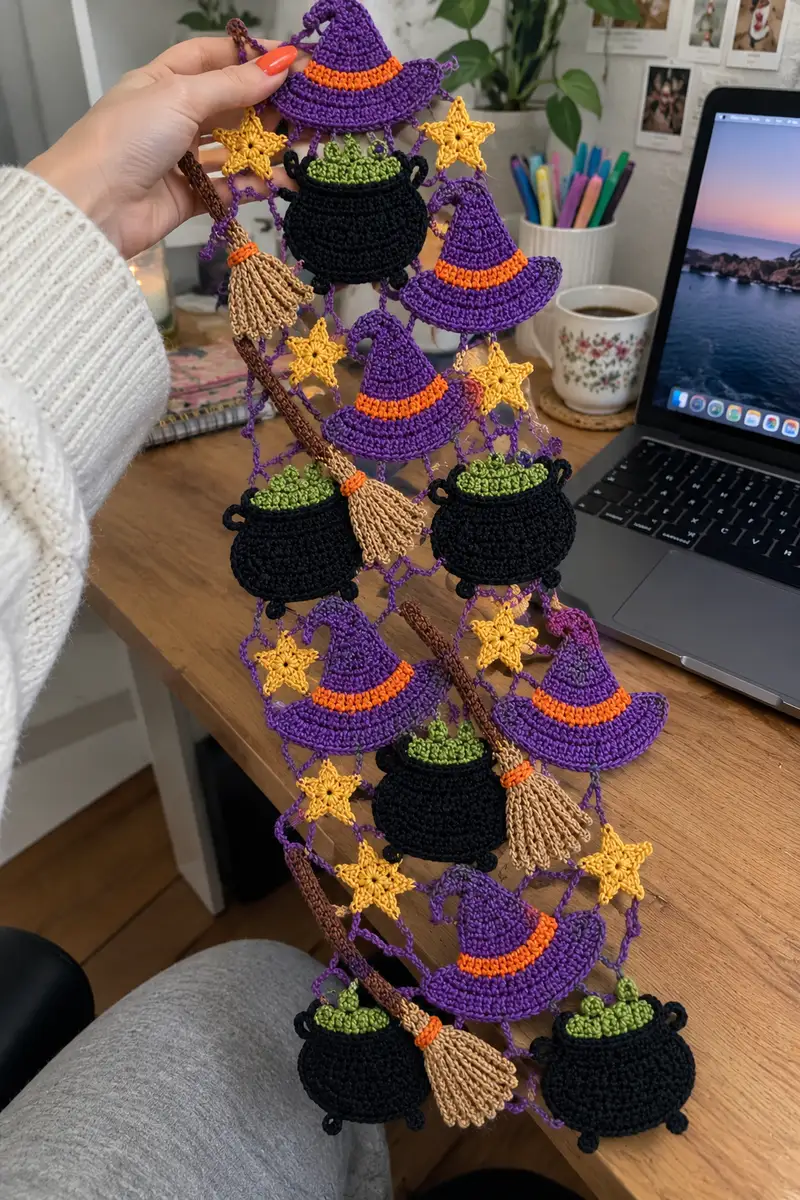 Witch Hat and Cauldron Halloween Table Runner Pattern crochet pattern - detailed view of completed project