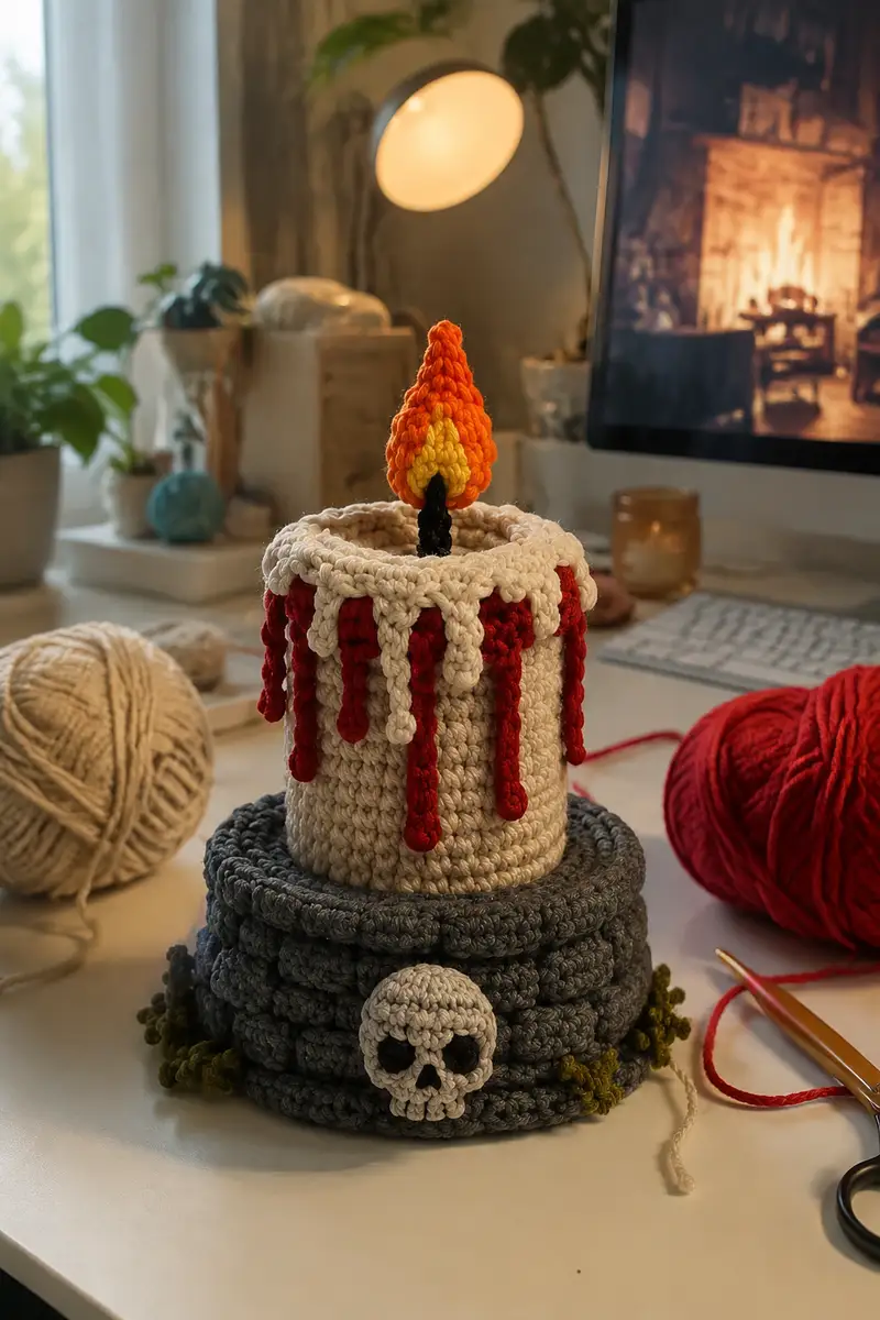 Macabre Bloody Halloween Candle Amigurumi Pattern crochet pattern - detailed view of completed project