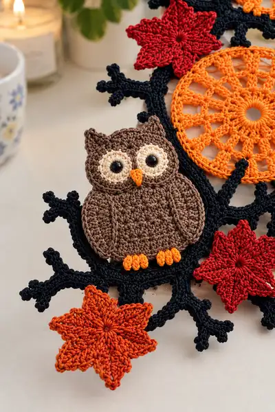 Owl and Harvest Moon Halloween Table Runner Pattern step 2 - assembly progress