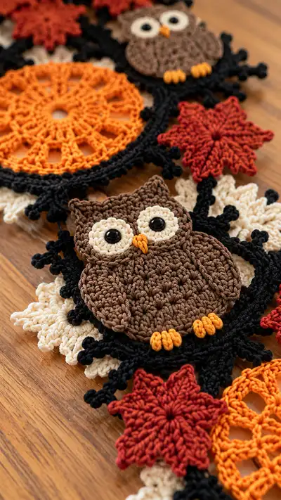 Autumn Owl Table Runner Pattern step 2 - assembly progress