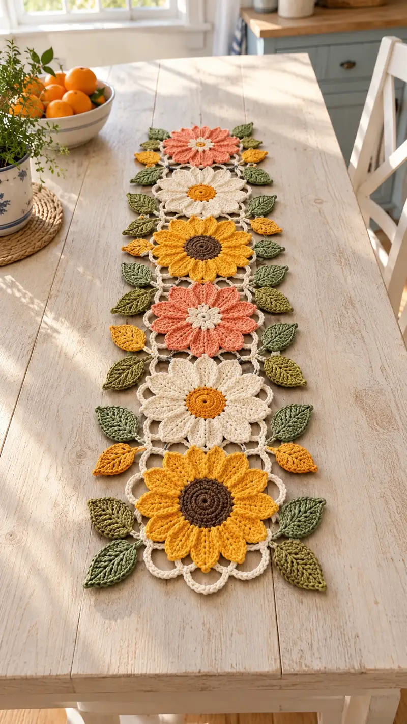 Sunflower & Daisy Table Runner Pattern crochet pattern - detailed view of completed project
