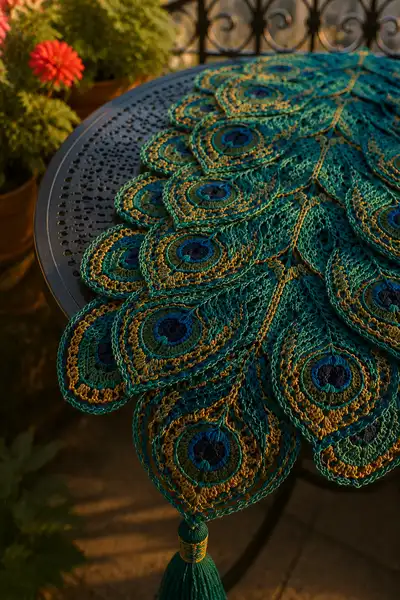 Gilded Peacock Feather Table Runner in Teal and Gold Pattern step 2 - assembly progress