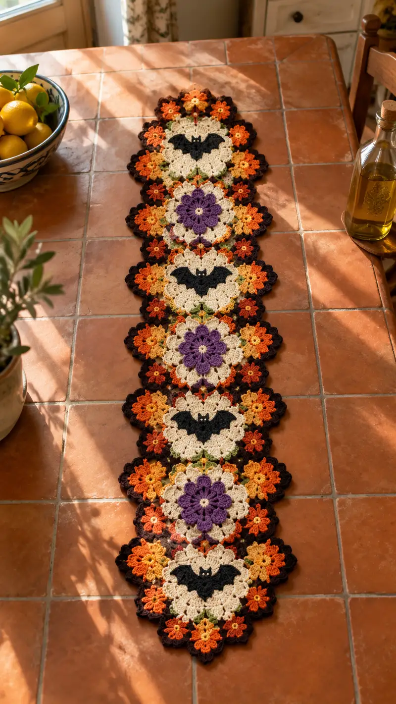 Halloween Floral Medallion Table Runner Pattern crochet pattern - detailed view of completed project