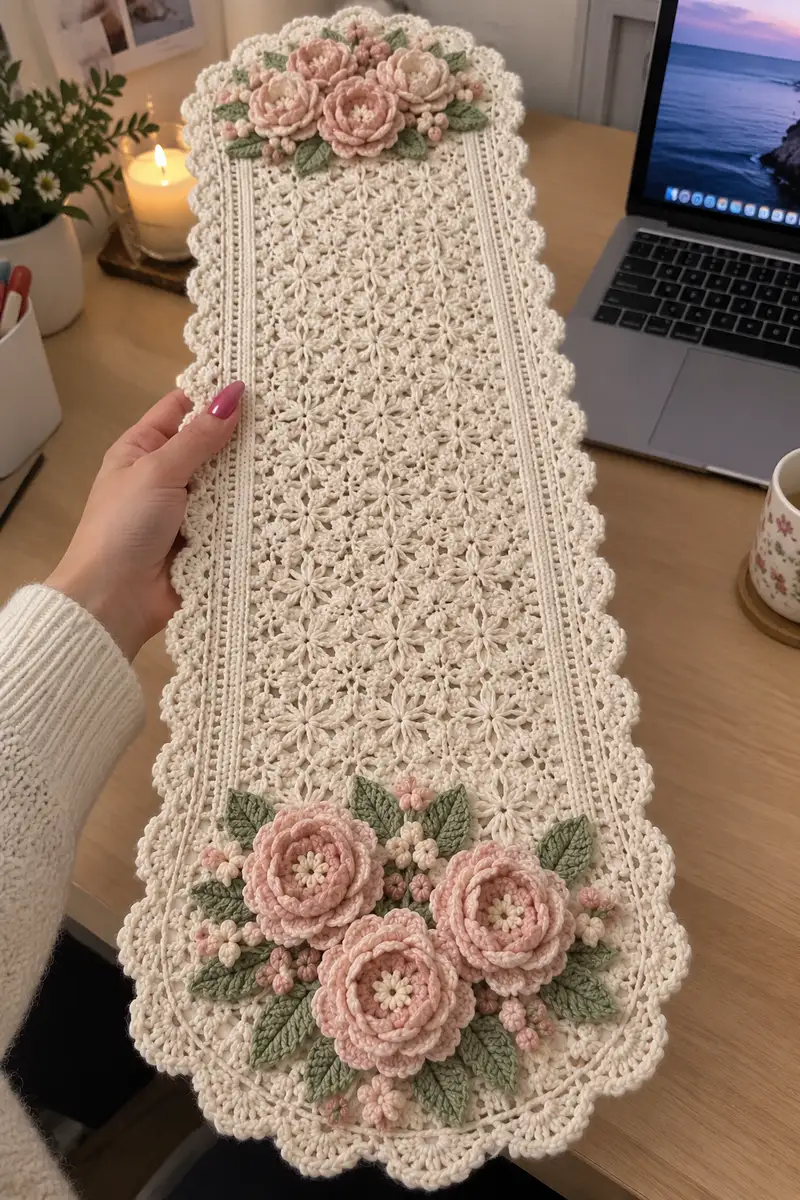 Vintage Floral Lace Table Runner Pattern crochet pattern - detailed view of completed project