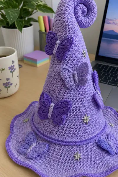 Big Lavender Spiral Witch Hat with Butterflies and Silver Stars Pattern step 2 - assembly progress