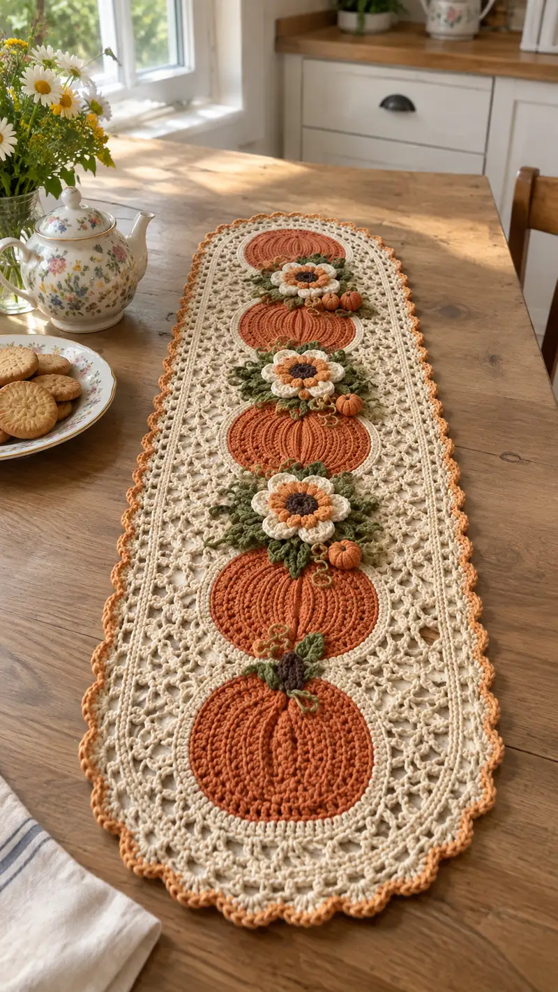 Autumn Pumpkin Table Runner Pattern crochet pattern - detailed view of completed project