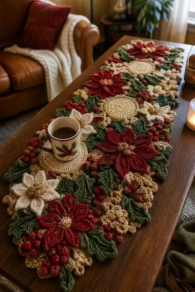 Festive Poinsettia Table Runner Pattern step 1 - construction progress