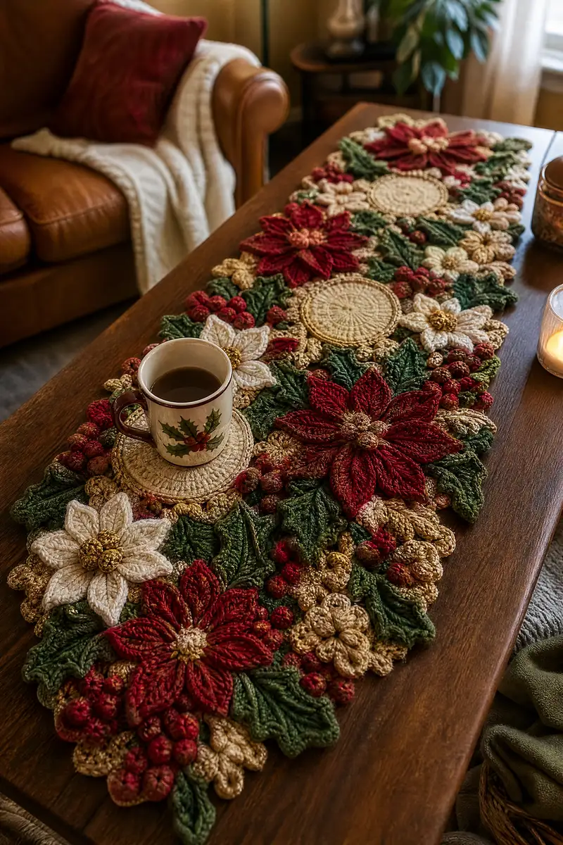 Festive Poinsettia Table Runner Pattern crochet pattern - detailed view of completed project