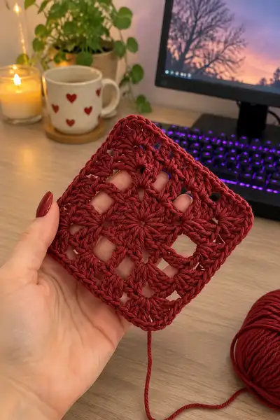 Deep Red Textured Granny Square Pattern step 1 - construction progress
