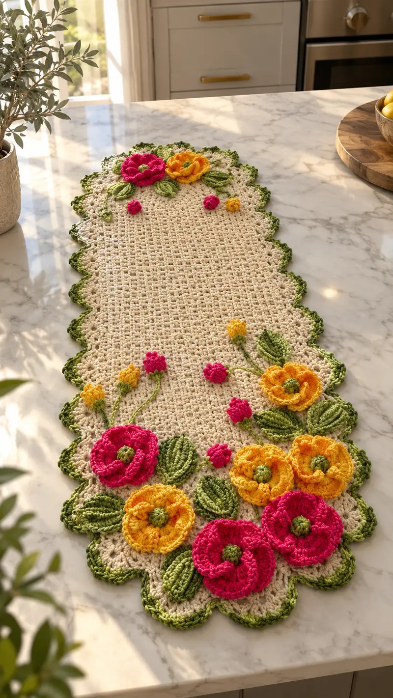 Floral Scallop Table Runner Pattern crochet pattern - detailed view of completed project
