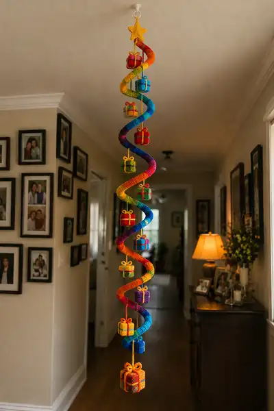 Festive Rainbow Spiral Christmas Garland Falling with Wrapped Gifts Pattern step 1 - construction progress