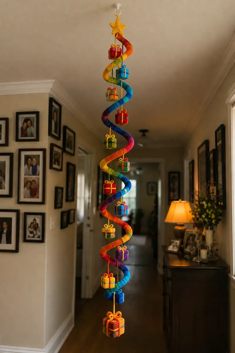 Festive Rainbow Spiral Christmas Garland Falling with Wrapped Gifts Pattern crochet pattern - detailed view of completed project