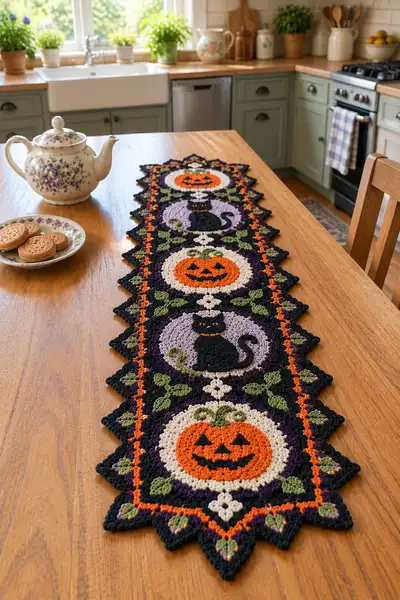 Halloween Pumpkin & Black Cat Table Runner Pattern step 1 - construction progress