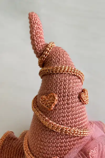 Big Rose Gold Spiral Witch Hat with Tiny Hearts and Veil Pattern step 2 - assembly progress