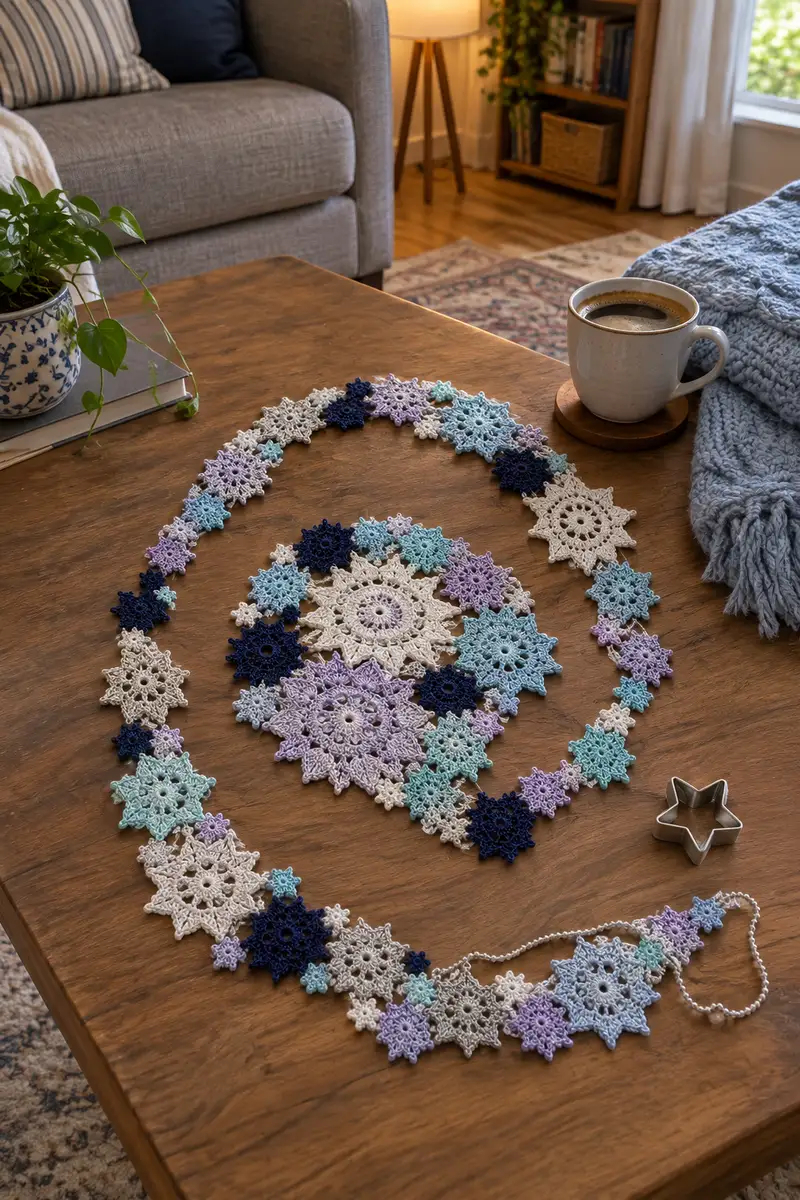 Free crochet pattern: Linked Snowflake Crochet Christmas Table Runner Pattern - Intermediate level tutorial