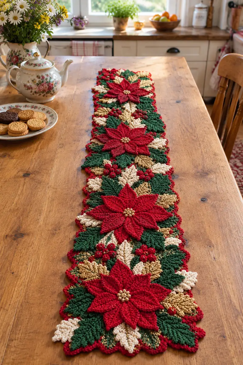 Festive Poinsettia Table Runner Pattern crochet pattern - detailed view of completed project