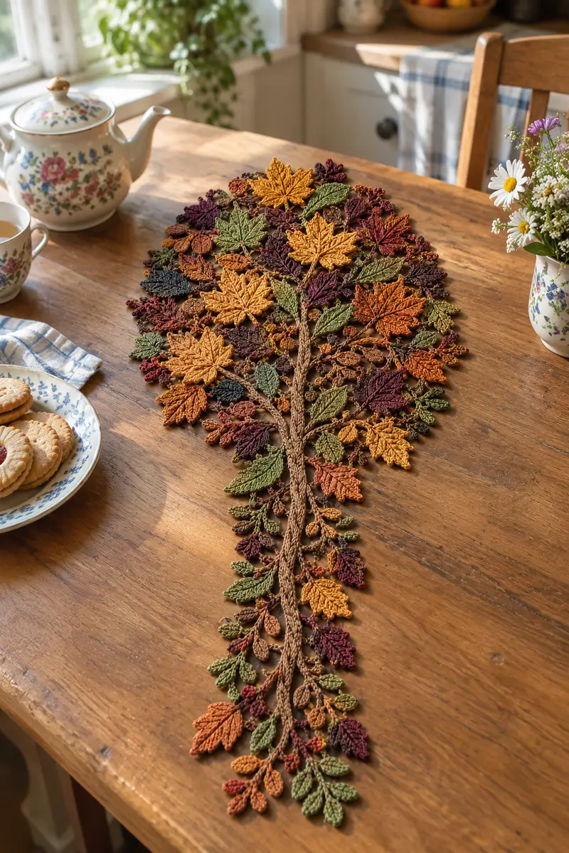 Autumn Maple Tree Joined Motif Table Runner Pattern crochet pattern - detailed view of completed project