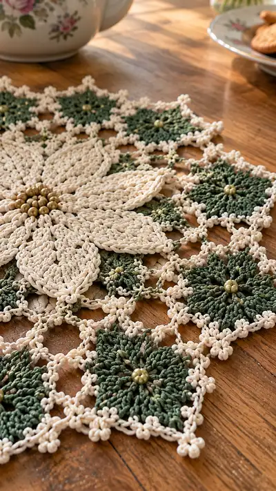 Poinsettia Lace Table Centerpiece Pattern step 2 - assembly progress