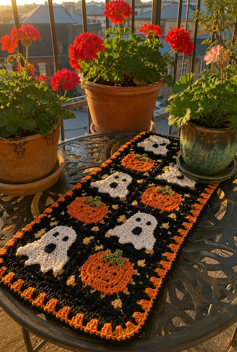 Granny Square Patch Table Runner with Ghosts and Pumpkins Pattern crochet pattern - detailed view of completed project