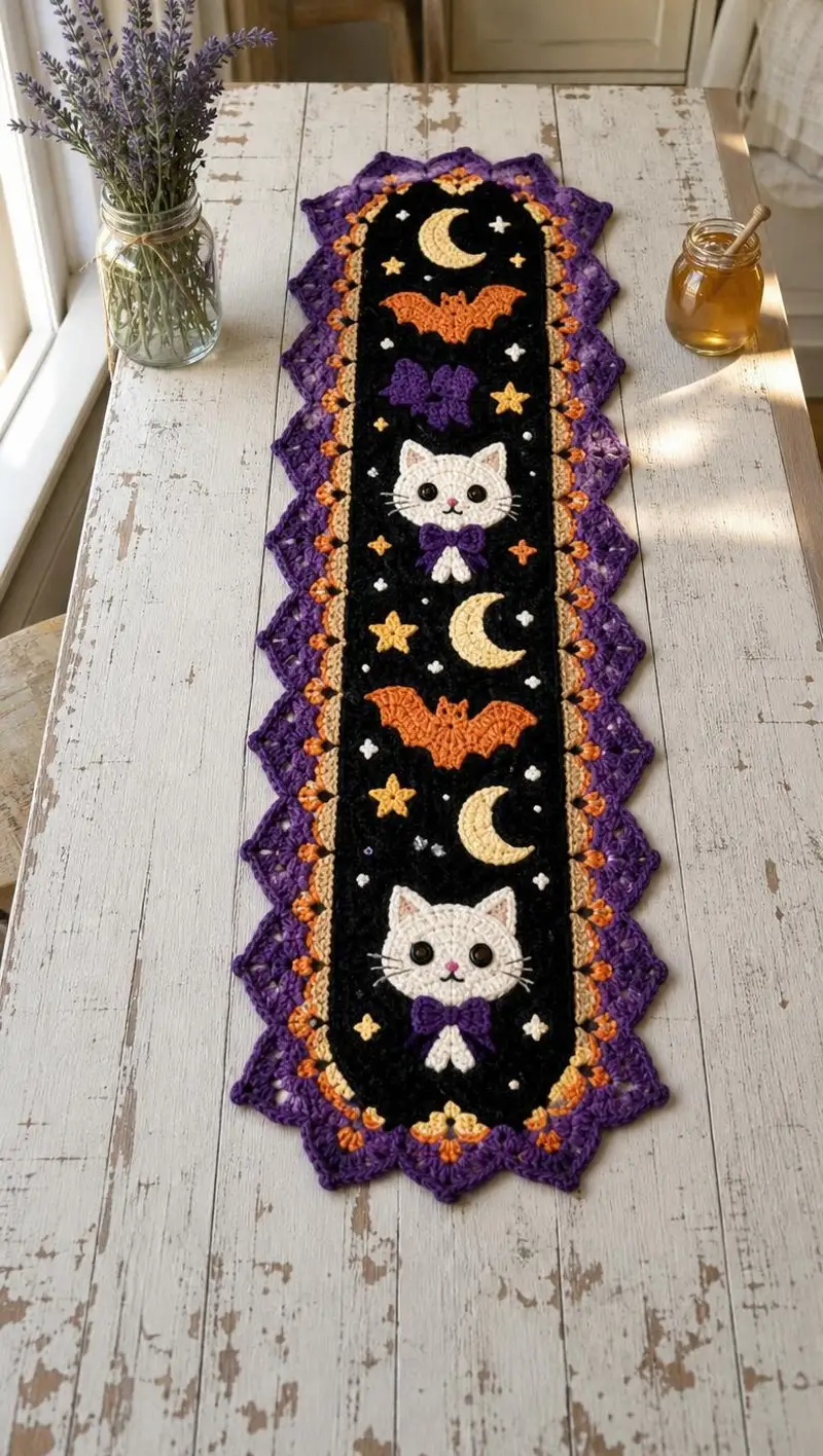 Halloween Cats & Moons Table Runner Pattern crochet pattern - detailed view of completed project