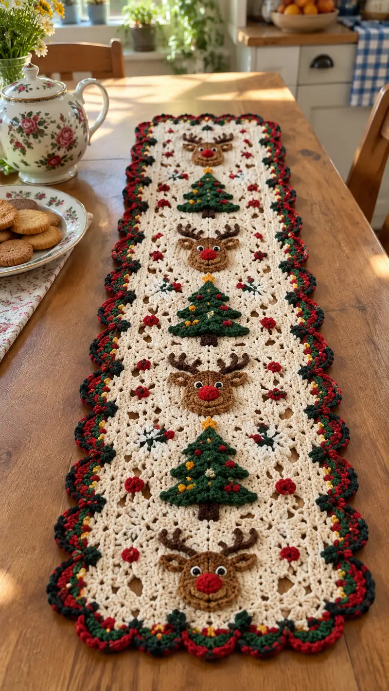 Festive Reindeer & Tree Table Runner Pattern crochet pattern - detailed view of completed project