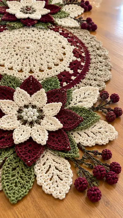 Festive Poinsettia Table Runner Pattern step 2 - assembly progress