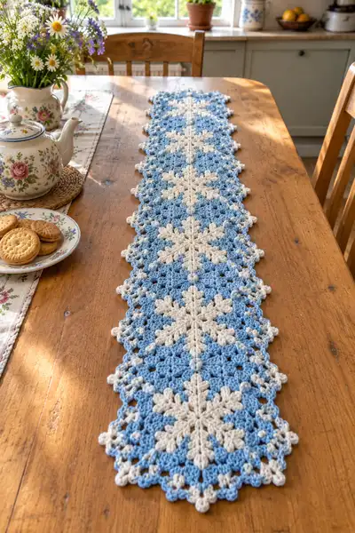 Blue Snowflake Motif Table Runner Pattern step 1 - construction progress
