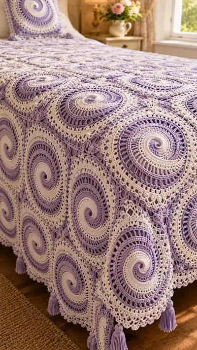 Lavender Spiral Granny Bedspread Pattern step 2 - assembly progress