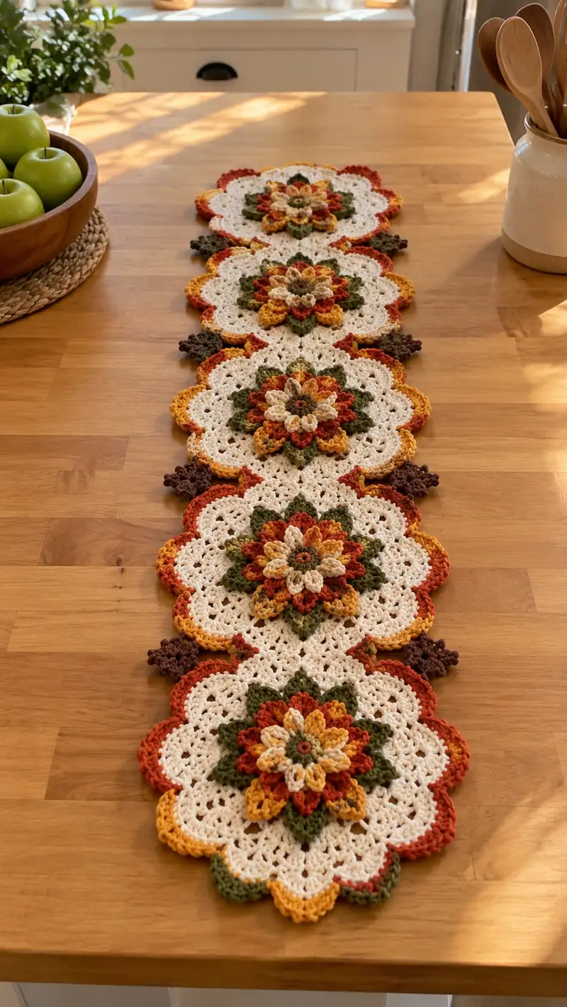 Cream And Rust Flower Motif Table Runner Pattern crochet pattern - detailed view of completed project