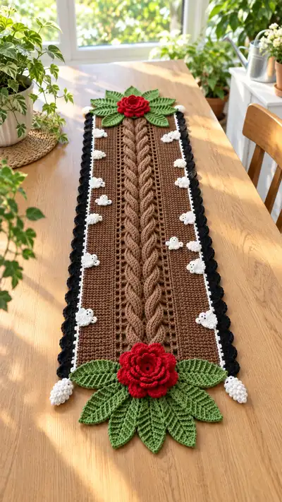 Rustic Rose Cable Table Runner Pattern step 1 - construction progress