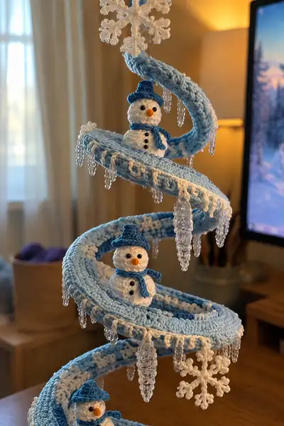 Icy Blue Spiral Christmas Garland with Snowmen and Icicles Pattern step 2 - assembly progress