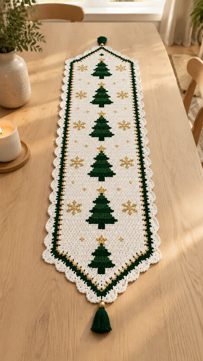 Festive Tree Table Runner Pattern crochet pattern - detailed view of completed project