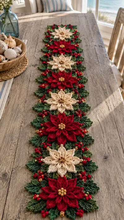 Red And Cream Poinsettia Table Runner Pattern step 1 - construction progress