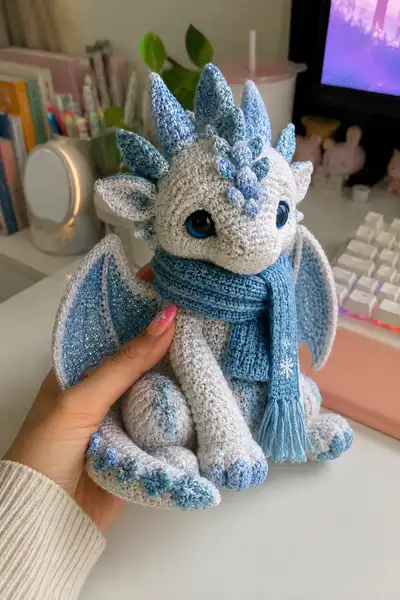 Snowy Ice Dragon with Sparkling Blue Scales Amigurumi Pattern step 1 - construction progress