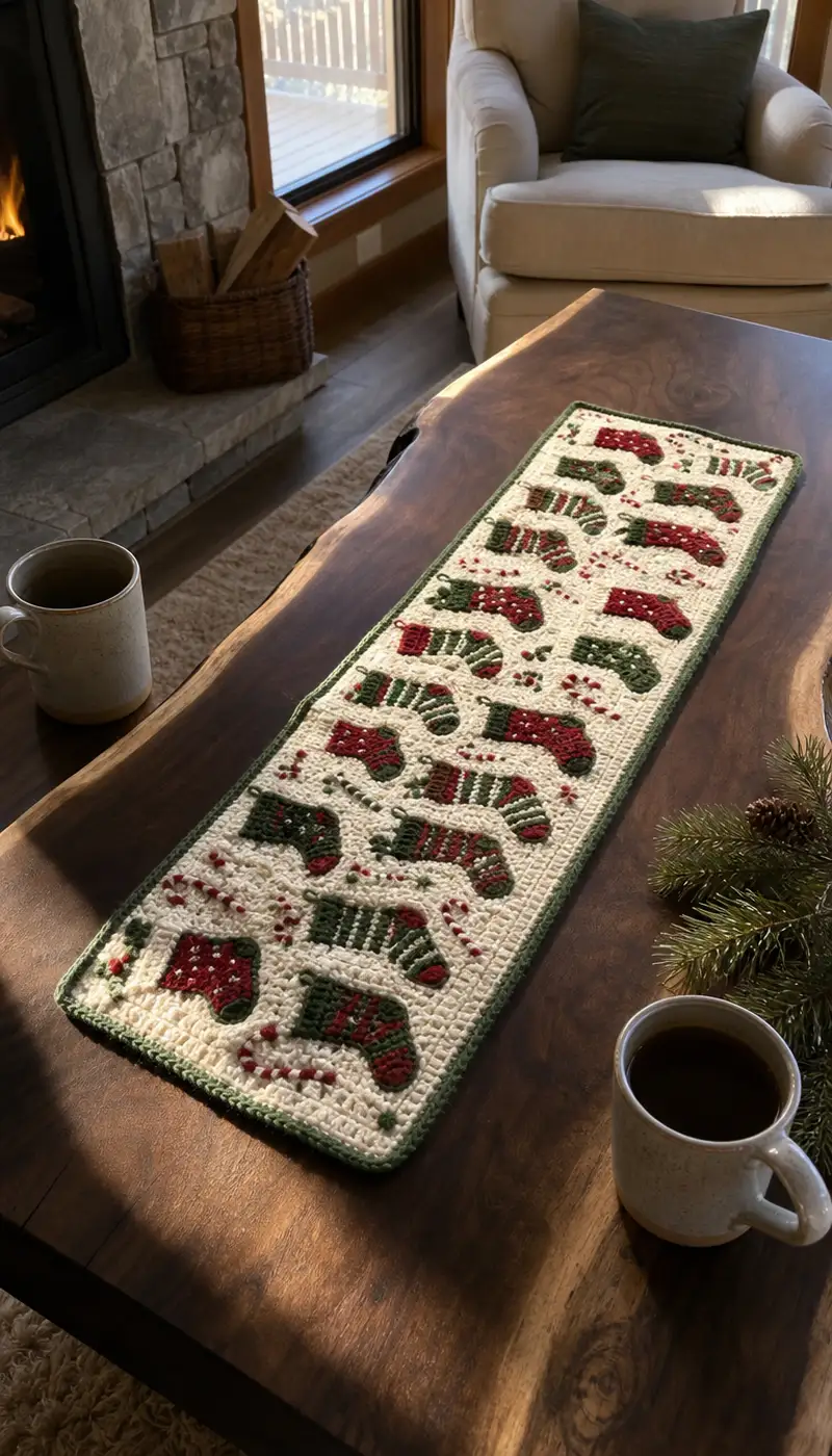 Festive Stocking Table Runner Pattern crochet pattern - detailed view of completed project