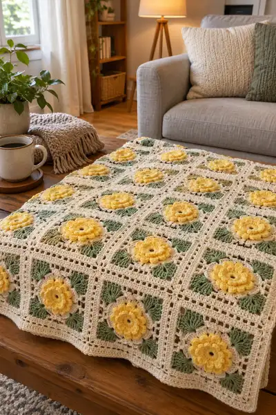 Golden Sunflower Blanket Pattern step 2 - assembly progress