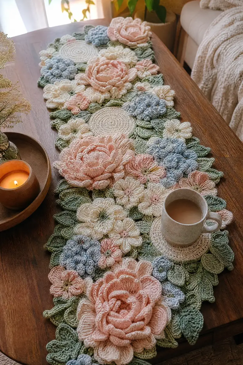 Peony Hydrangea Crochet Table Runner Pattern crochet pattern - detailed view of completed project