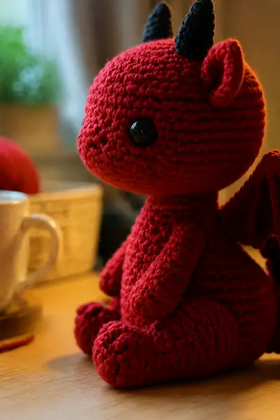 Small Red Demon Dragon Amigurumi Pattern step 2 - assembly progress